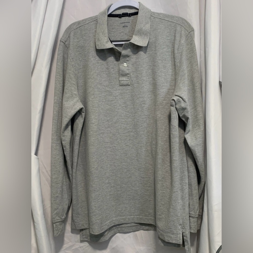 Lands' End Men's Heather Gray Long Sleeve Polo 100% Cotton Large 42-44